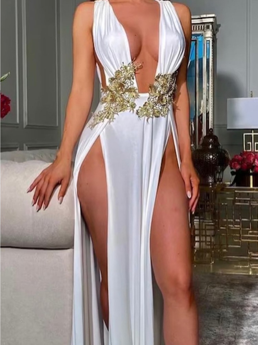 White Plunging Evening Gown with Gold Embellishment